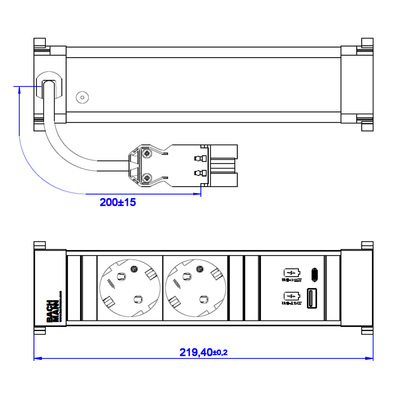 Power Frame 2xSCHUKO 230V,nabíjačka (USB A + USB C) 22W, 0.2m kábel 1.5mm², GST18, hliník/čierny