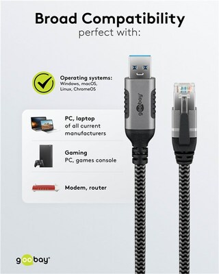 Kábel USB A 3.0 na RJ45 (Gigabit Ethernet), 2m, čierny/sivý