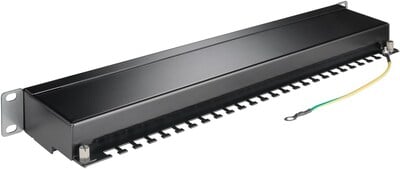 19" Patch panel 24port cat.6, tienený s uzemnením, celokovový, 1U, čierny