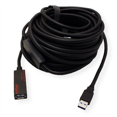 Kábel USB 3.2 Gen 1, A-A M/F 15m, 5Gbps, predlžovací, čierny, aktívny, s adaptérom