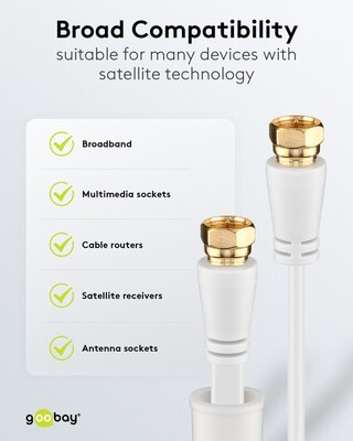 Kábel satelitný, koax F-konektor M/M 2.5m, 75 Ohm, 80dB, 2x tienený, CCS, biely, pozl. kon., plochý
