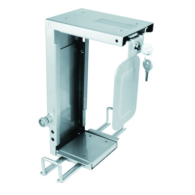Držiak PC pod dosku stola, max 10kg pre PC šírké 50-100mm, výška 200-358mm, zamykateľný, sivý