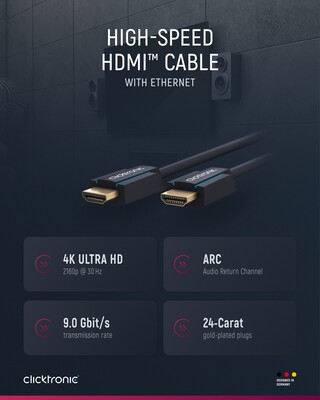 Kábel HDMI M/M 15m, High Speed+Eth, 4K@60Hz, HDMI 2.0, 18G, pozl. konektor, modrý, C