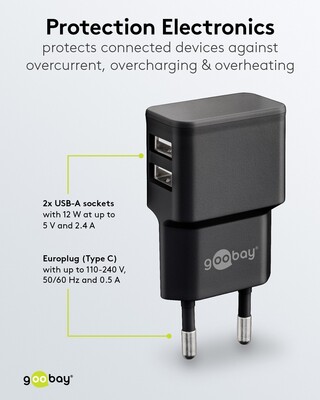 Nabíjačka USB 230V 2port, 2xUSB A, 2.4A, 12W, kábel USB AM/lightning 1m v balení, čierna