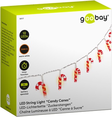 Led svetelná reťaz s 10x "Candy Canes" napájanými z 2xAA batériami IP20, 1.2m, červená/biela