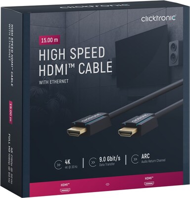 Kábel HDMI M/M 15m, High Speed+Eth, 4K@60Hz, HDMI 2.0, 18G, pozl. konektor, modrý, C
