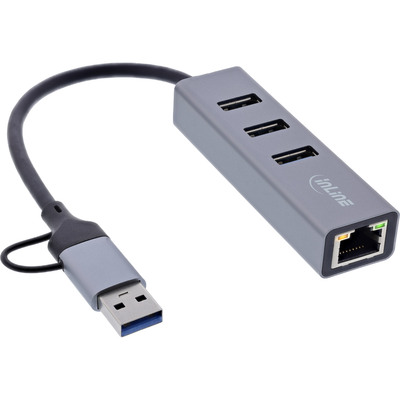 Adaptér USB 3.1 Typ C na RJ45 (Gigabit Ethernet), Hub 3x USB 3.0 A, 10cm, čierny, s adaptérom USB A