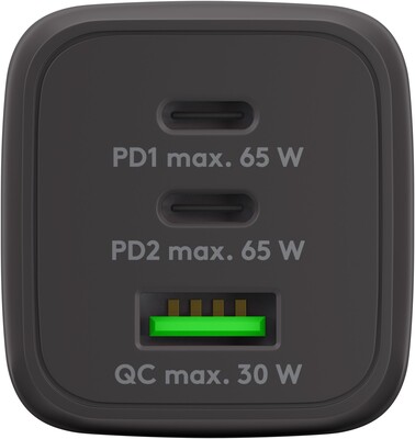 Nabíjačka USB 230V 3port, 1xUSB A, 2xUSB Typ C, 65W, Power Delivery, GaN, čierna
