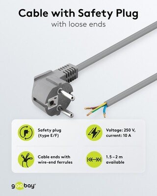 Kábel sieťový 230V, vidlica (CEE7/7) lomená - dutinky, 1.5m, 0.75mm², 16A, surový, sivý