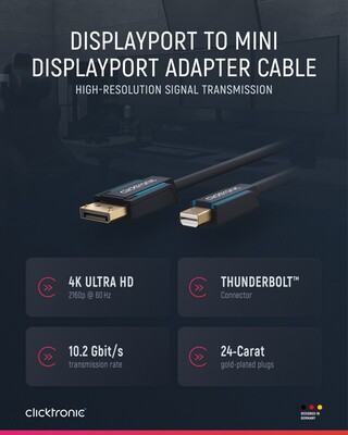 Kábel DisplayPort mini/DP M/M 1m, 2K@60Hz, DP v1.1, 10.8Gbit/s, modrý, pozl. konektor, ClickTronic