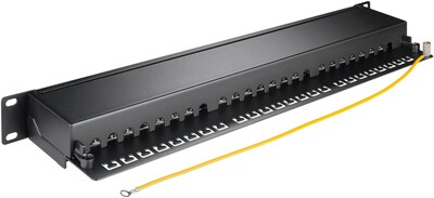 19" Patch panel 24port cat.6a, tienený s uzemnením, celokovový, 1U, čierny