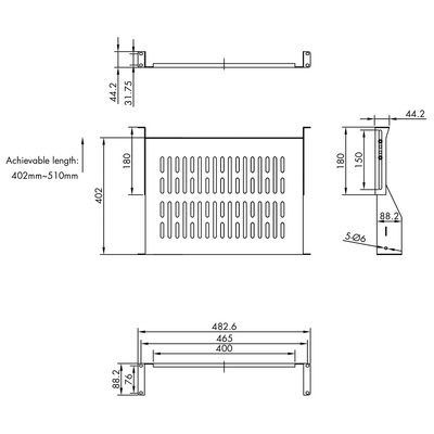 19" Polica pevná 440x400mm, max. 25kg, 2U, čierna, U-tvar