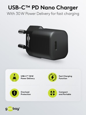 Nabíjačka USB 230V 1port, 1xUSB Typ C, 30W, Power Delivery, Fast Charge, Nano, čierna