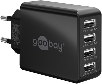 Nabíjačka USB 230V 4port, 4xUSB A, 3A, 30W, čierna