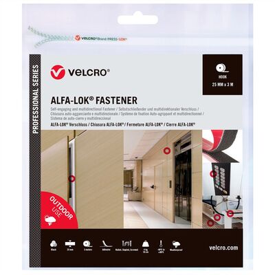 Háčikový systém "Suchý zips" extra pevný, ALFA-LOK, nalepovací, 3m, šírka 25mm, čierny, VELCRO
