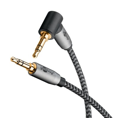 Kábel 3,5mm stereo jack M/M 0.5m, čierny/sivý, pozl. konektor, 1x uhlový 90°