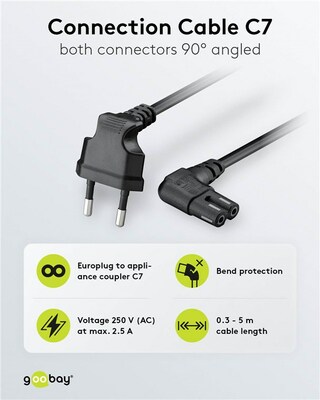 Kábel sieťový 230V, 2pin vidlica (CEE7/16) lomená - C7 (2pin) zahnutý, 3m, 0.75mm², 2.5A, čierny