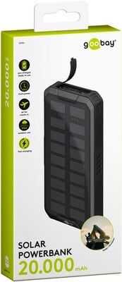 Solárna PowerBank 20000mAh, QC 3.0, Lítiová, Zabudované LED svetlo, čierna