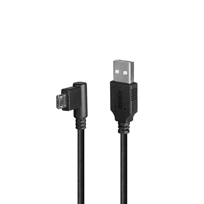 Kábel USB 2.0 A-MICRO-B M/M 0.5m, High Speed, čierny, zahnutý doľava 90°