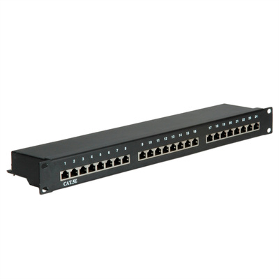 19" Patch panel 24port cat.5e, tienený s uzemnením, celokovový, 1U, čierny