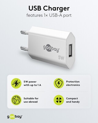 Nabíjačka USB 230V 1port, 1xUSB A, 1A, 5W, SLIM, biela