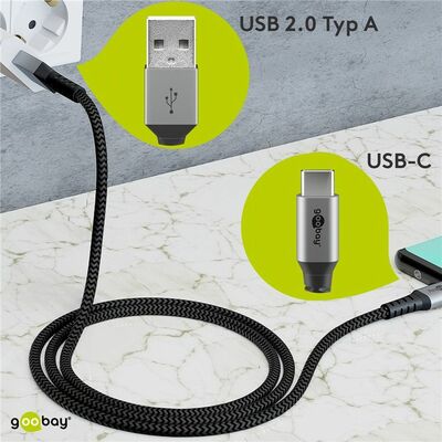 Kábel USB 2.0 AM/CM (3.1 Typ C) 0.5m, High Speed, textilný oplet, čierny