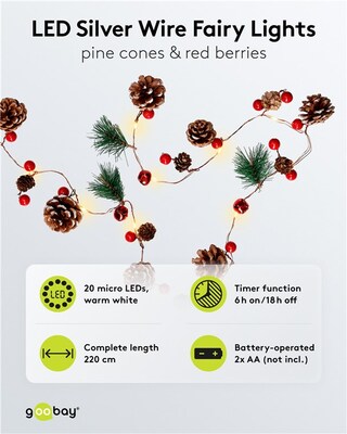 Led svetelná reťaz s 20x "Pine & Red Berries" napájanými z 2xAA batériami IP20, 2.2m, červená/biela