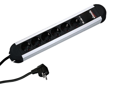 Predlžovačka PRIMO, 6xSCHUKO 230V,  s vypínačom, 1.75m kábel 1.5mm², hliník, čierna