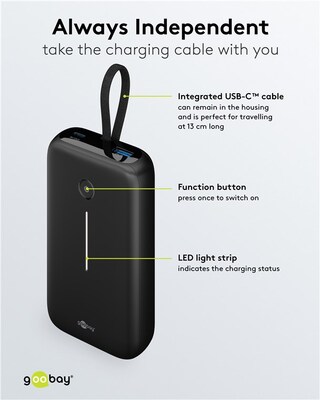 Power Bank 20000mAh, QC 3.0, LED display, zabudovaný kábel USB Typ C 0.13m, 12x7x3cm, čierna