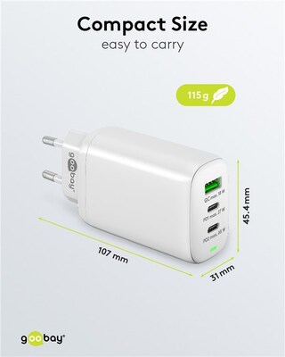 Nabíjačka USB 230V 3port, 1xUSB A, 2xUSB Typ C, 65W, Power Delivery, GaN, čierna