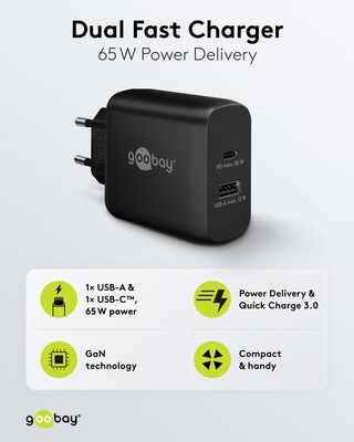 Nabíjačka USB 230V 2port, 1xUSB A 2.0, 1xUSB C (Power Delivery), 65W, GaN, čierna