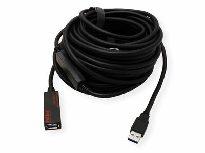 Kábel USB 3.2 Gen 1, A-A M/F 15m, 5Gbps, čierny, predlžovací, AKTÍVNY, s adaptérom