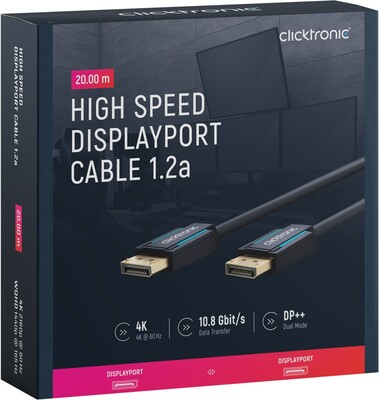 Kábel DisplayPort M/M 20m, 4K@60Hz, DP v1.2, 21.6Gbit/s, modrý, pozl. konektor, ClickTronic