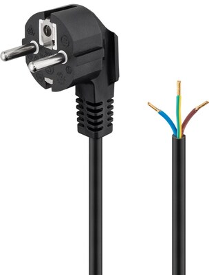 Kábel sieťový 230V, vidlica (CEE7/7) lomená - dutinky, 2m, 0.75mm², 16A, surový, čierny