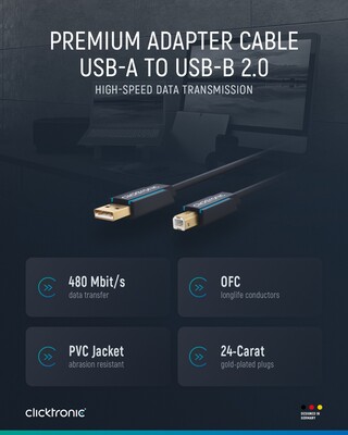 Kábel USB 2.0 A-B M/M 3m, High Speed, modrý, ClickTronic, pozl. konektor