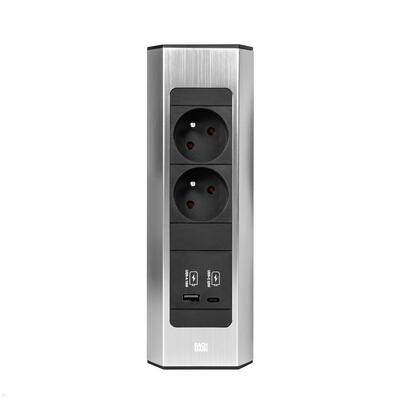 CASIA2 2xUTE 230V, USB nabíjačka, 2m kábel 1.5mm², vidlica CEE7/7, Hliník, nerezová farba