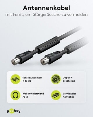 Kábel anténny, koax TV M/F predlžovací 1.5m, 75 Ohm, 80dB, 2x tienený, CCS, s ferritom, čierny