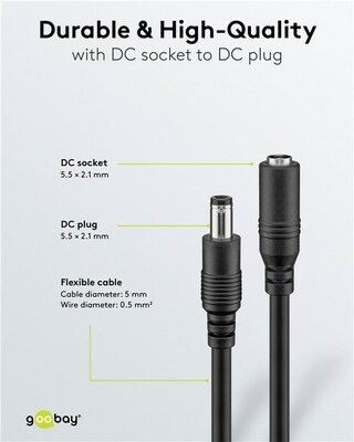 Kábel predlžovací DC 5.5mm / 2.1mm, AWG20, 1.5m, čierny