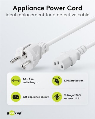 Kábel sieťový 230V, vidlica (CEE7/7) priama - C13, 2m, 0.75mm², 10A, biely