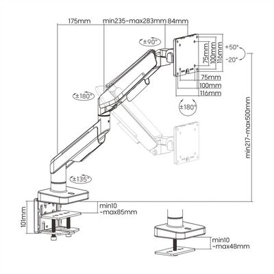 Držiak pre monitor na stôl, úchyt o dosku, pneumatický, max 20kg, rameno 542mm, VESA 75/100, čierny