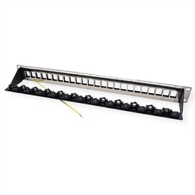 19" Patch panel 24port Keystone, tienený s uzemnením, celokovový, klipsové úchytky, 1U, čierny