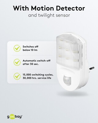 Svetlo LED so senzorom, do zásuvky 1.1W/67lm (IP20), detekcia: 120°, 9m dosah, studená biela