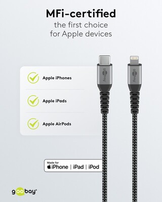 Kábel USB 3.2 Gen 1, Typ C CM/"Lightning" pre Apple, 2m, High Speed, čierny/sivý s MFI cert.