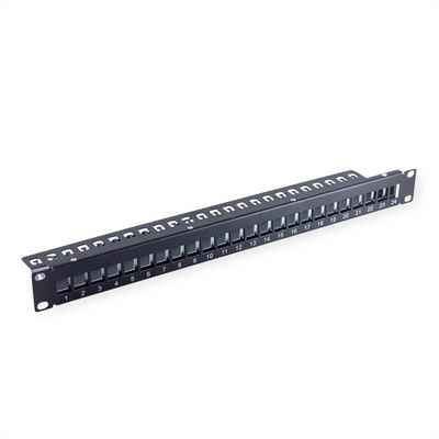 19" Patch panel 24port Keystone, tienený s uzemnením, celokovový, 1U, čierny