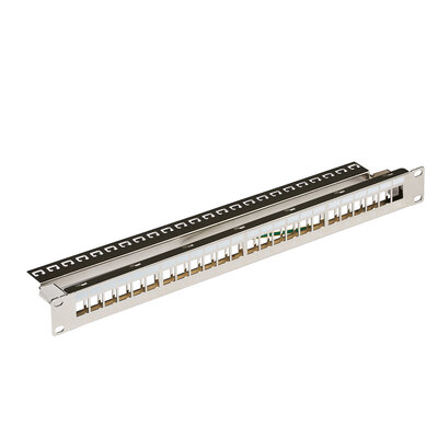 19" Patch panel 24port Keystone, tienený s uzemnením, celokovový, 1U, strieborný