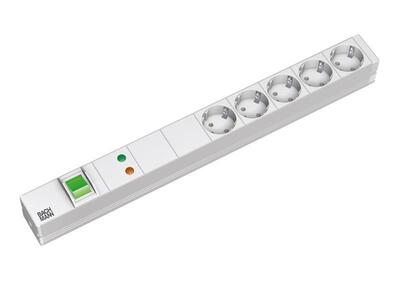 19" zásuv. lišta 5xSCHUKO, vidlica (CEE7/7), 16A, 3600W, prepäťová ochrana, vypínač, 2m, sivá