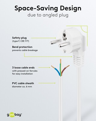 Kábel sieťový 230V, vidlica (CEE7/7) lomená - dutinky, 2m, 0.75mm², 16A, surový, biely
