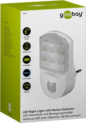 Svetlo LED so senzorom, do zásuvky 1.1W/67lm (IP20), detekcia: 120°, 9m dosah, studená biela
