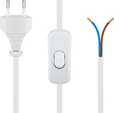 Kábel sieťový 230V, 2pin vidlica (CEE7/16) priama - dutinky, 1.5m, 0.75mm², 2.5A, vypínač, biely