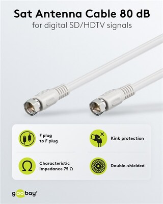 Kábel satelitný, koax F-konektor M/M 0.5m, 75 Ohm, 80dB, 2x tienený, CCS, biely